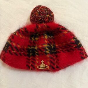 vivienne westwood red plaid angora wool beret hat m pom-pom logo women's knit